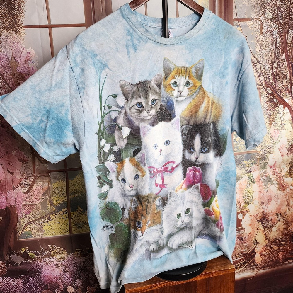 L Cat Print TShirt Blue and Multicolor Stylish Cat Short Sleeve Top Unisex Large
